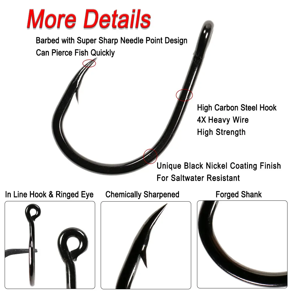 ICERIO-anzuelo de cebo vivo de peso pesado para agua salada, gancho de plantilla única de alambre pesado 4X para pesca en el mar, peces grandes de juego, #3/0 ~ #10/0 - imagen 2