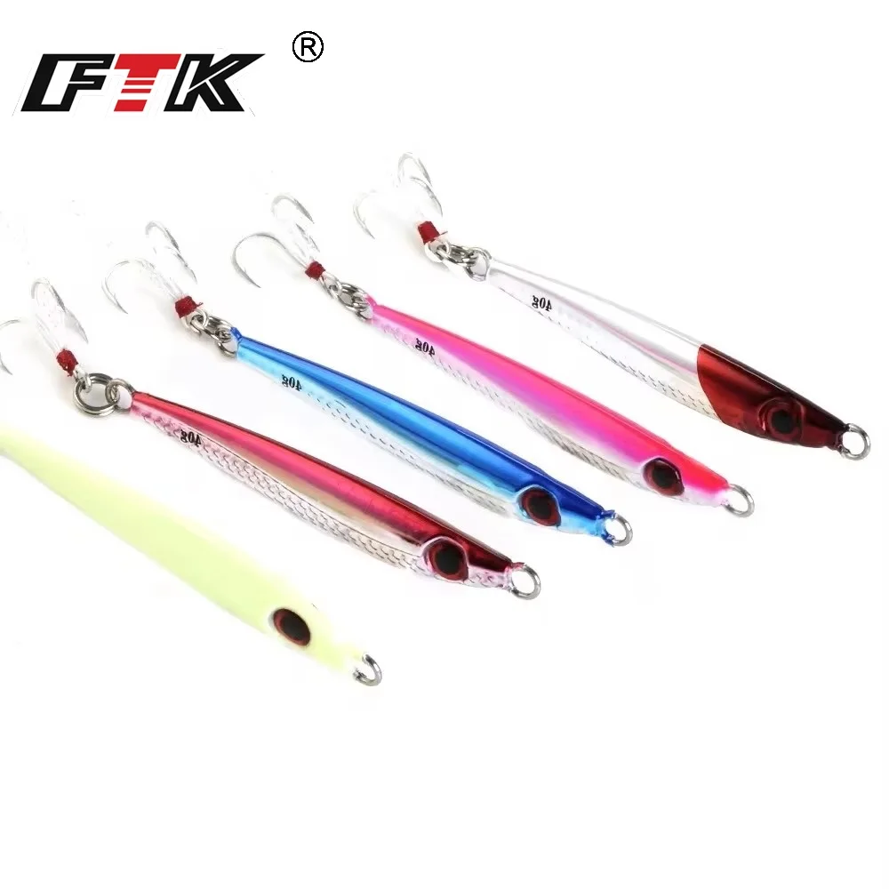 FTK 40G 60G 80G señuelo de pesca de Metal ojos 3D plantilla cebo Artificial duro señuelos de Jigging con anzuelo triple aparejos de pesca