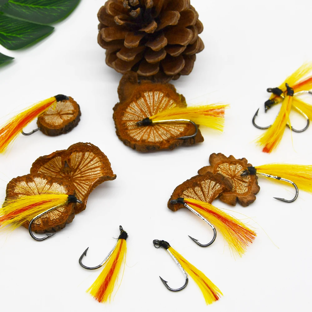 MNFT 10PCS 6 #   Señuelo de pesca con mosca de mimbre, serpentina naranja y amarilla, juego de cebo falso Artificial de alta calidad, accesorios - imagen 3
