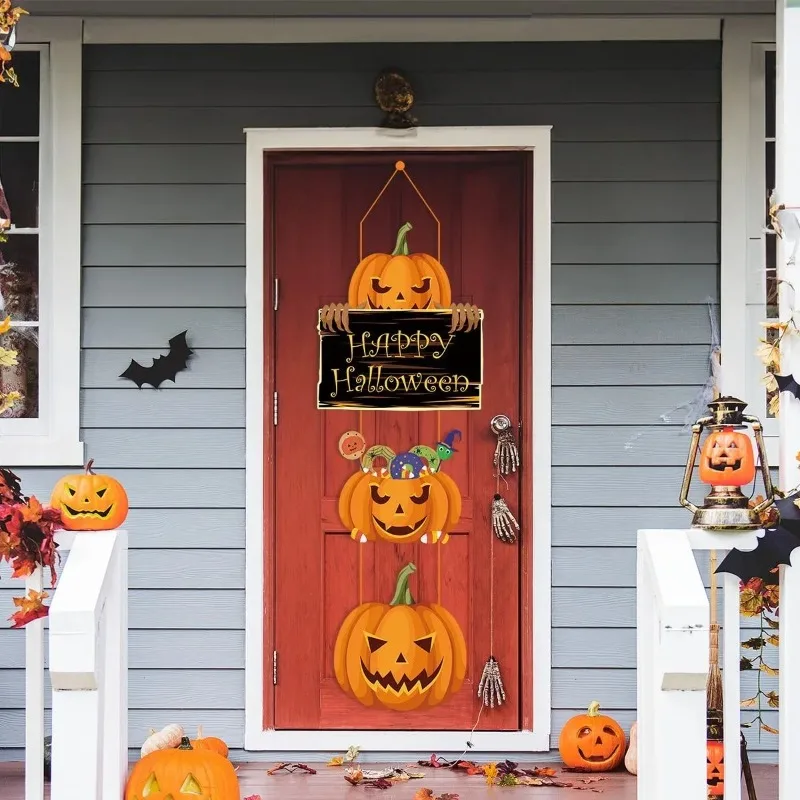 Nuevo cartel colgante de calabaza de Halloween, pancartas de truco o trato de murciélago de bruja espeluznante, decoración de puerta delantera, decoraciones de fiesta - imagen 2