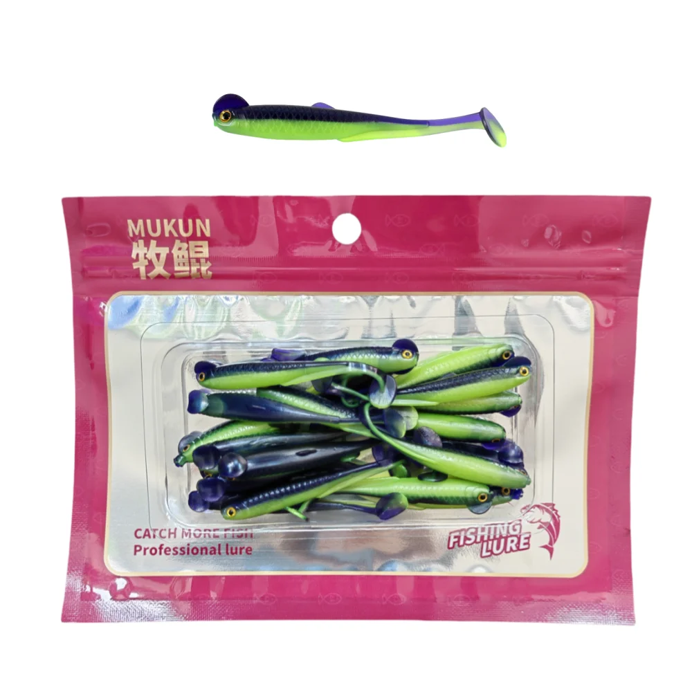 MUKUN 20 piezas cebos blandos con cola en T 1,3g/60mm cebo Artificial pequeño sábalo cebo de silicona de doble Color aparejos de pesca con cola en T - imagen 2