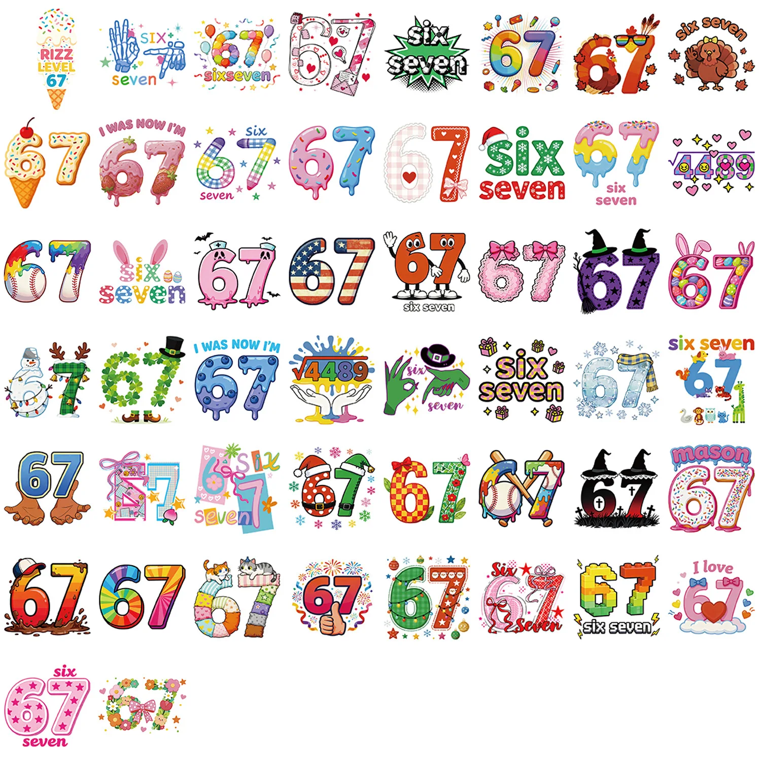 50 Uds. De pegatinas de figuras de colores número 67, bricolaje, teléfono, guitarra, portátil, maleta, botella de agua, pegatinas impermeables, juguetes - imagen 3