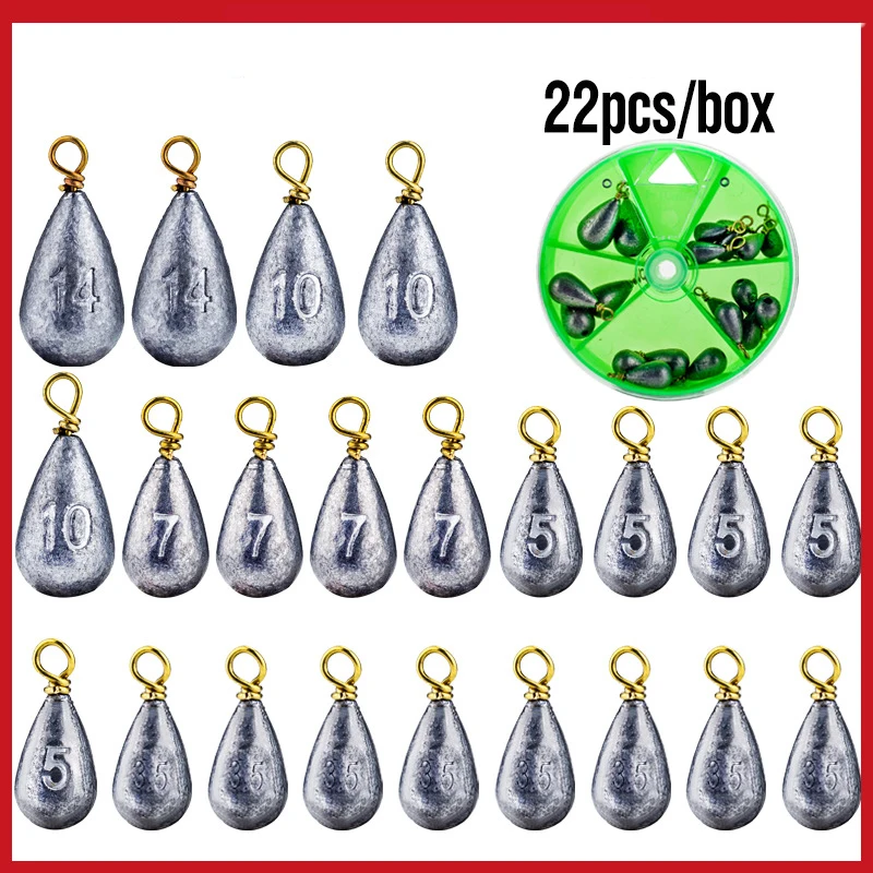 22 unids/caja pesas de pesca Kit de plomos 3,5g 5g 7g 10g 14g pesas de gota de agua de liberación rápida accesorios de aparejos herramientas de plomos