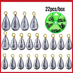 22 unids/caja pesas de pesca Kit de plomos 3,5g 5g 7g 10g 14g pesas de gota de agua de liberación rápida accesorios de aparejos herramientas de plomos