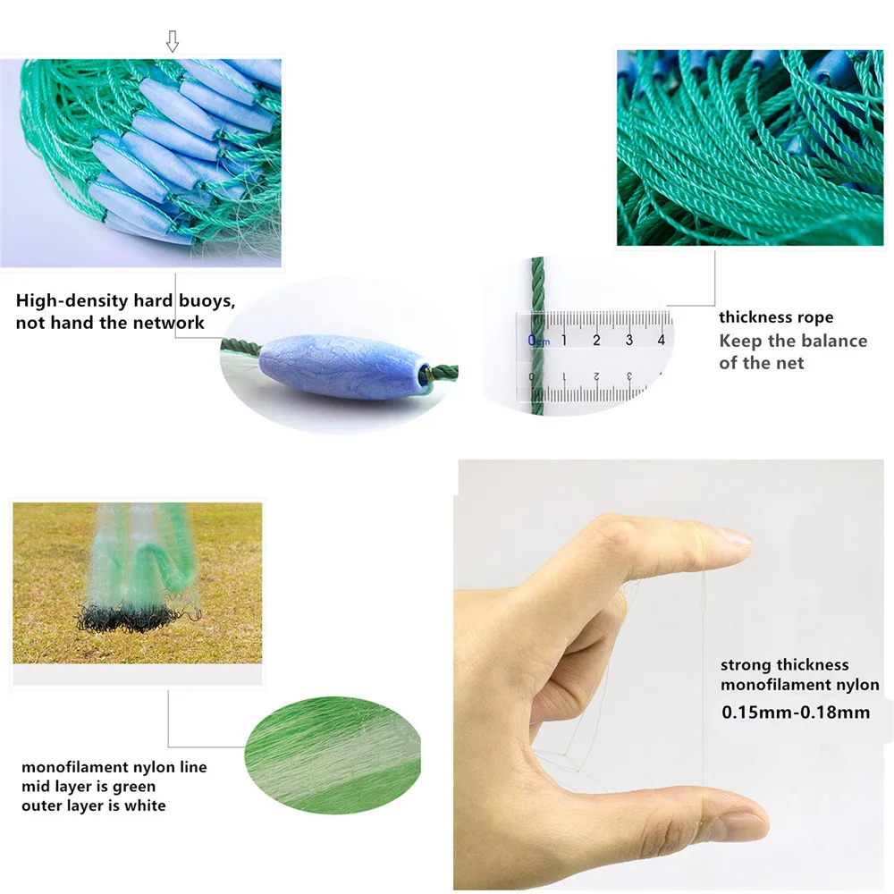 Red de pesca de nailon monofilamento fuerte, cuerda antibobinado, plomo, boya de alta densidad, red de enmalle, profundidad de 1,5 m a 6m, rejilla de 3 capas - imagen 5