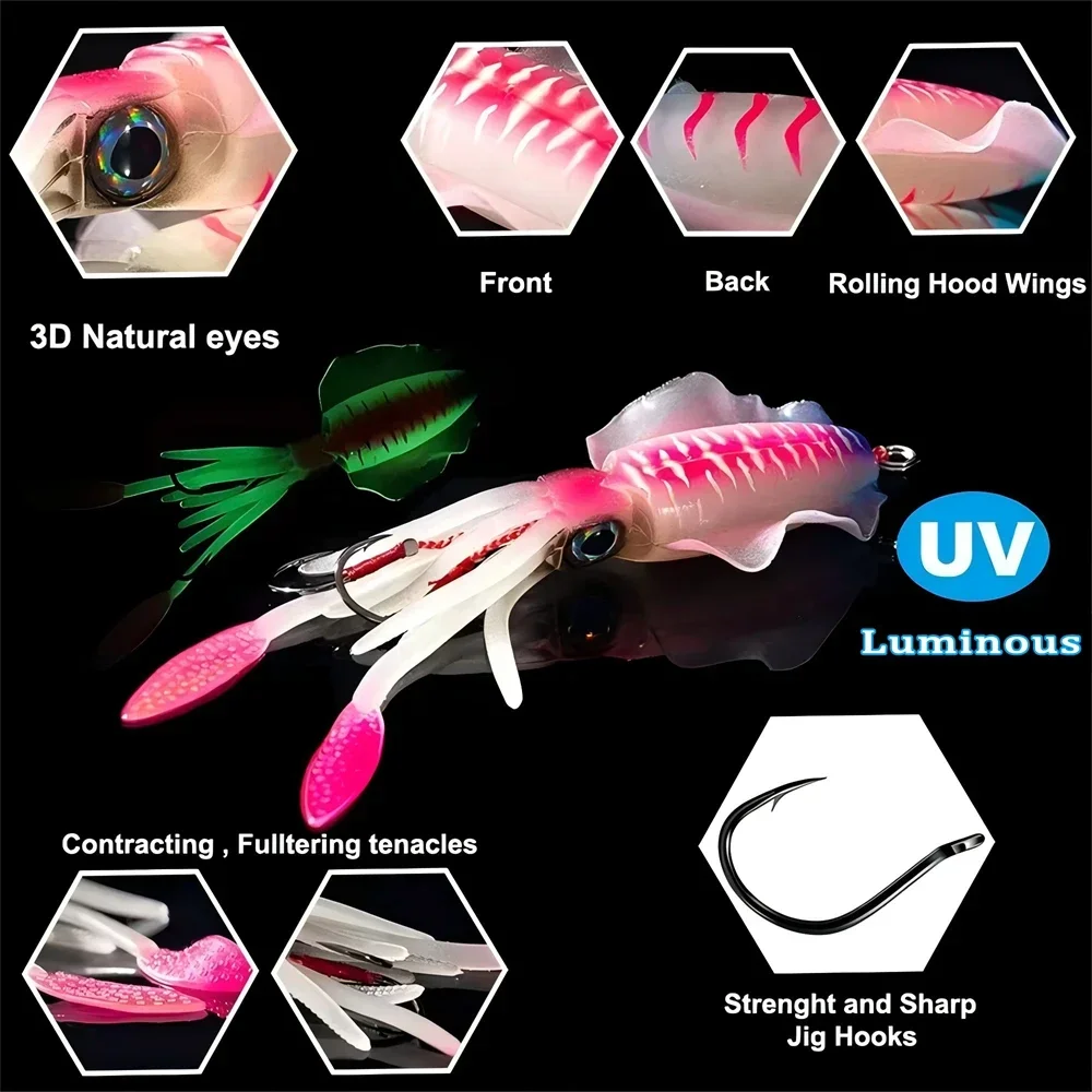 ZUKIBO-cebo de calamar suave para pesca, señuelo de pesca con curricán, plantillas con cabeza de pulpo, plantilla de calamar UV luminosa de 60g para pesca en barcos de aguas profundas, cebo Wobblers - imagen 3
