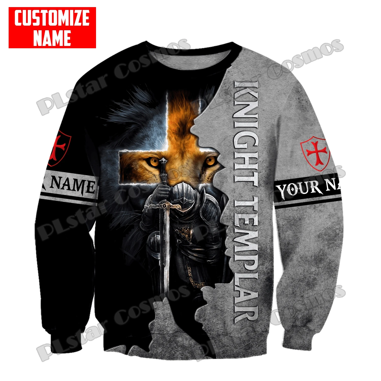 Caballero Templario León en el interior Nombre personalizado Sudadera con capucha y sudadera con estampado 3D para hombre Jersey informal unisex Chaqueta con cremallera de otoño QDY22 - imagen 2