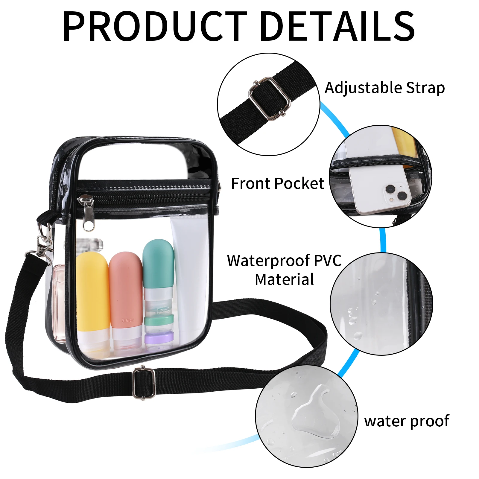 Bolso transparente de PVC para mujer, bandolera de un hombro con cremallera para concierto de estadio - imagen 3