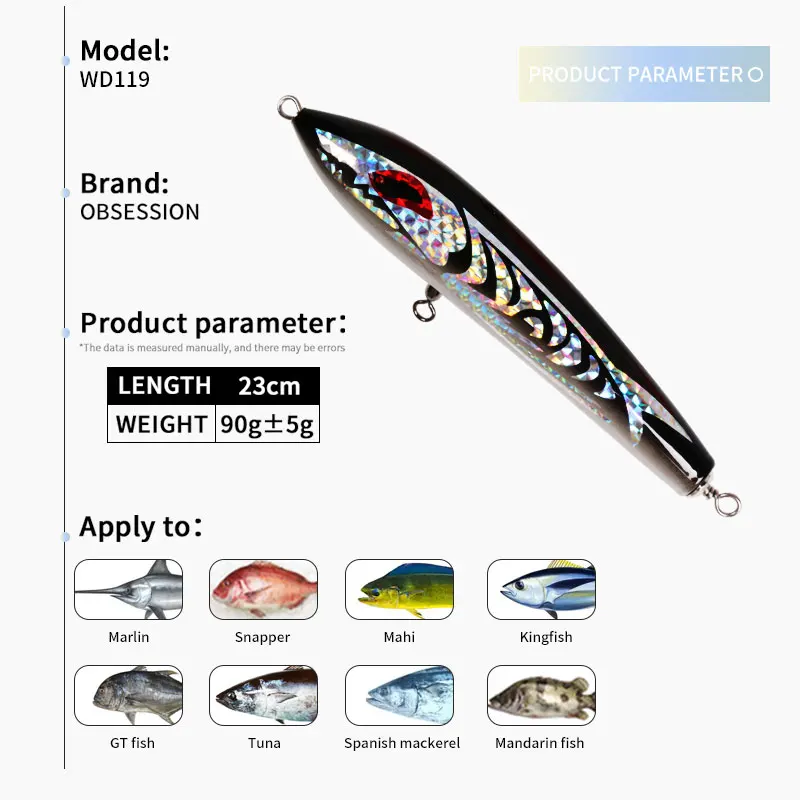 OBSESSION WD119 90g 23cm señuelos Topwater señuelos de lápiz de madera Wobblers de fundición larga señuelo de curricán de atún brillo pesca en barco Ba de madera Ba - imagen 2