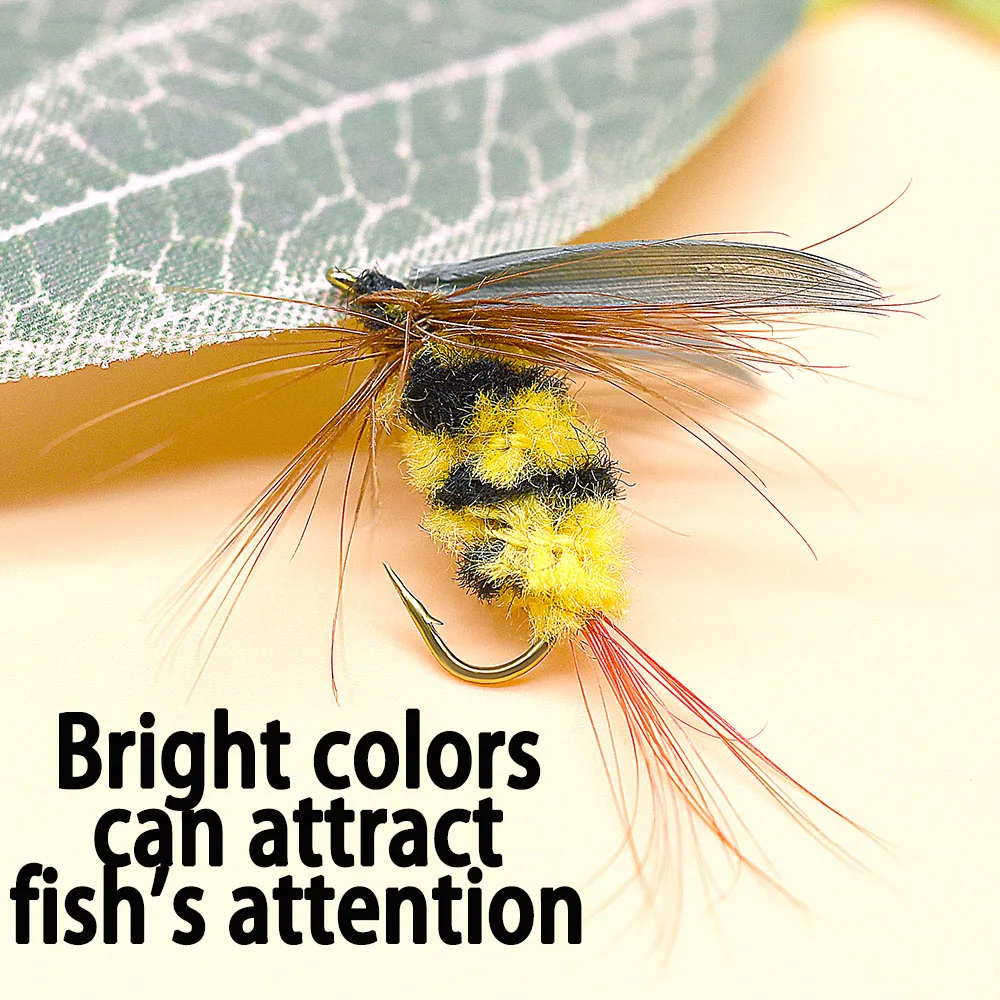 MNFT-señuelo de pesca de abejas, 10 piezas, amarillo y negro, abejorro, insecto, mosca Artificial, mosca seca, pesca de trucha - imagen 5