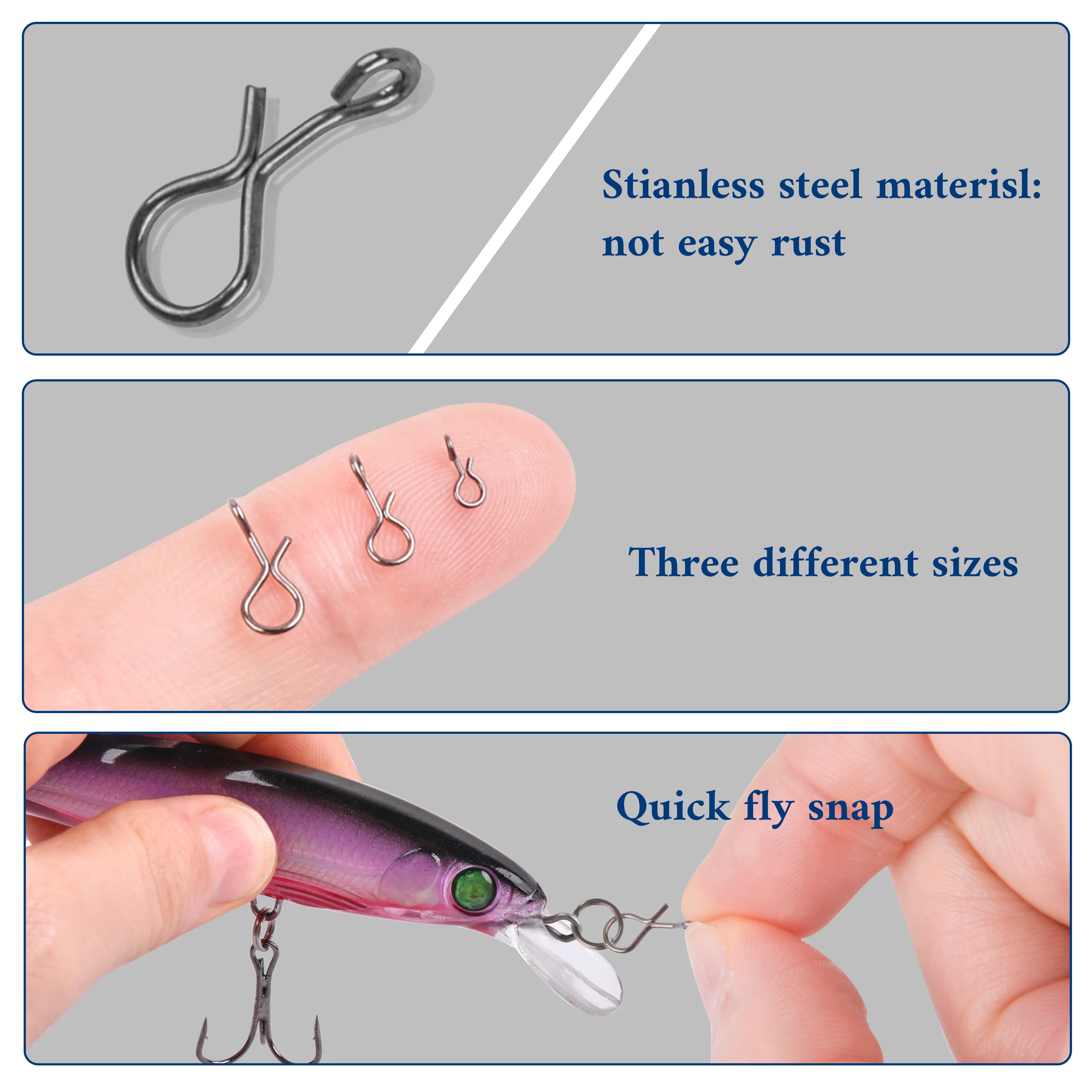 Juego de broches de pesca con mosca de cambio rápido para agua salada, conector de señuelo de gancho de acero inoxidable, conexión de Clip, trucha, Sunfish, 300 unids/lote por caja - imagen 4