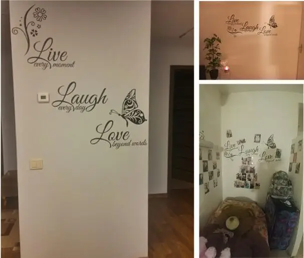 Live Laugh Love-pegatina artística de pared con flor y mariposa, calcomanías de pared modernas, pegatinas de vinilo con citas, decoración del hogar y sala de estar - imagen 4