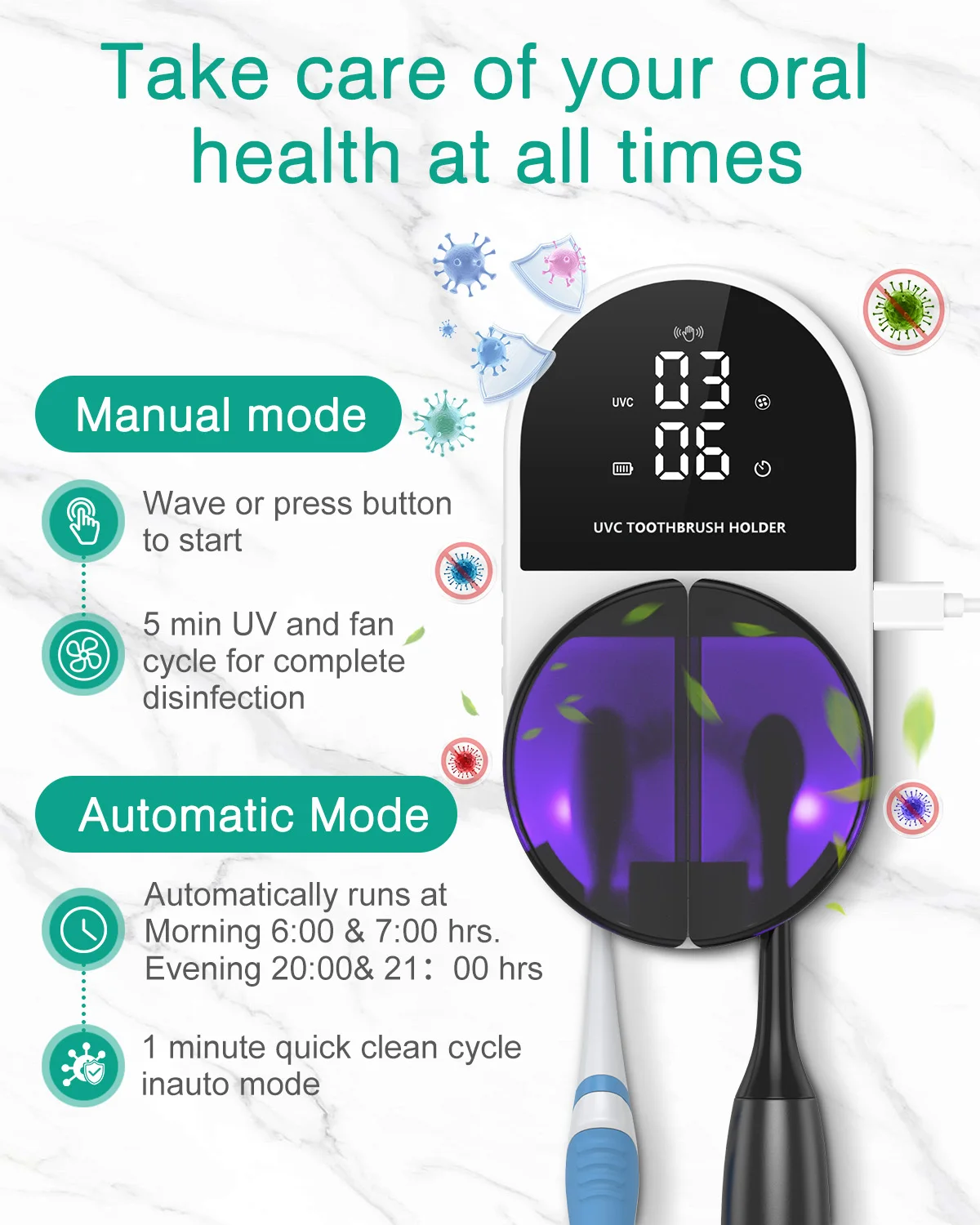 Esterilizador UV-C Doble para Cepillos de Dientes con Reloj LED - imagen 5