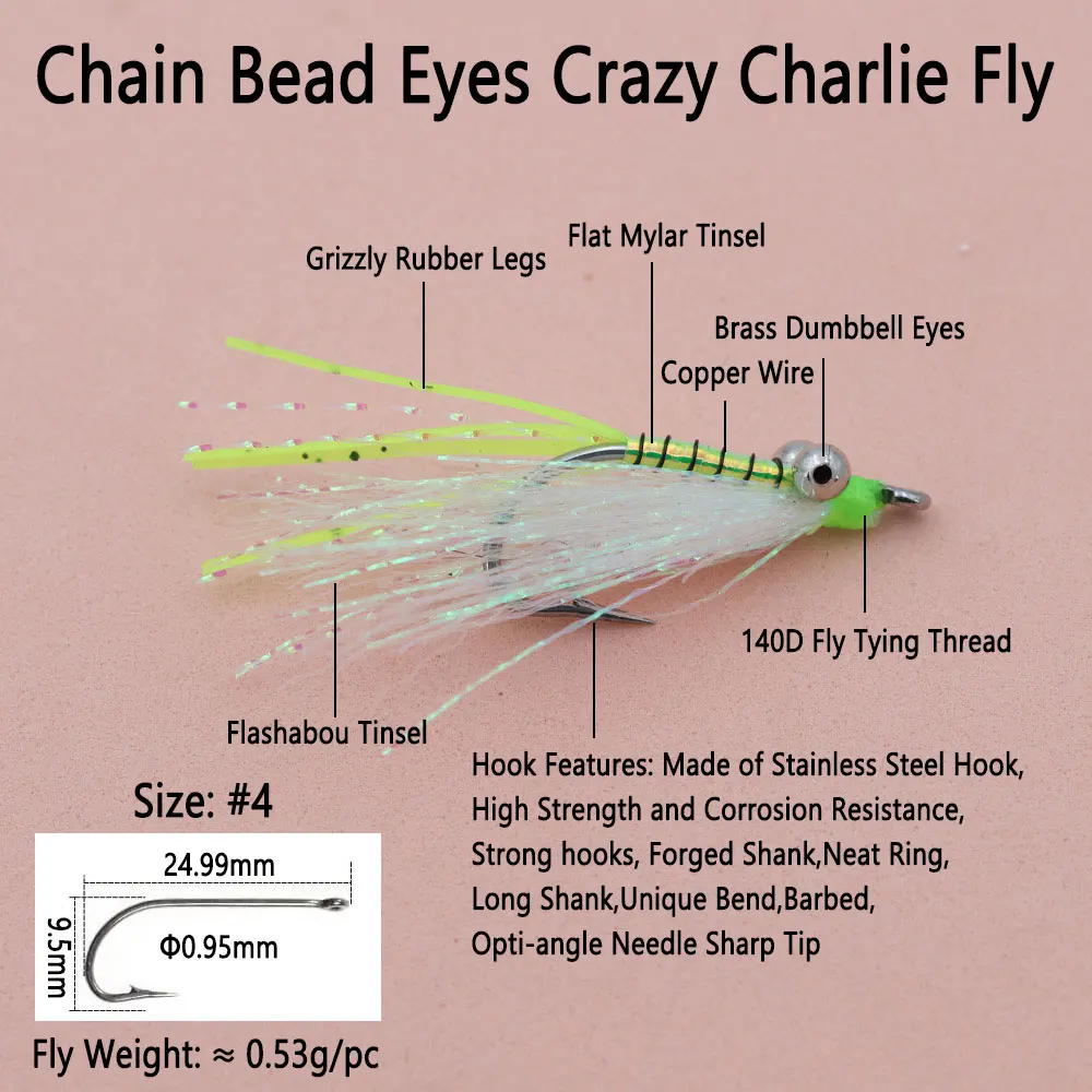 Bimoo 6 piezas # 4 ojos de cadena Crazy Charlie mosca con púas anzuelo de mosca de hundimiento rápido Bonefish Bass Tarpon Señuelos de pesca de mar de agua dulce - imagen 3