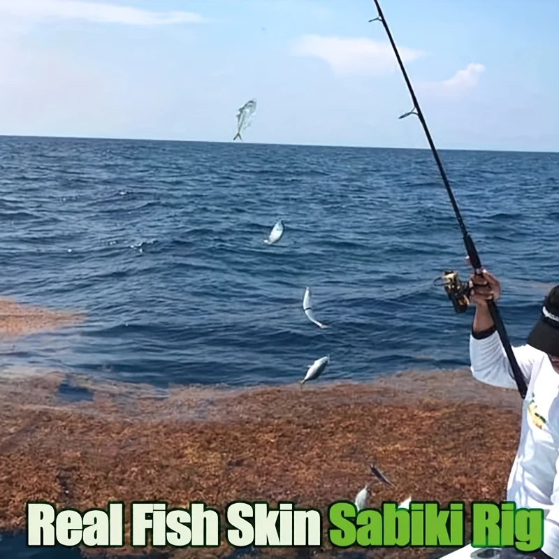5/10 paquetes de aparejos Sabiki de pesca: juego de anzuelos de cuerda que brillan en la oscuridad de piel de pescado auténtica para pesca nocturna, agua dulce/agua salada - imagen 5