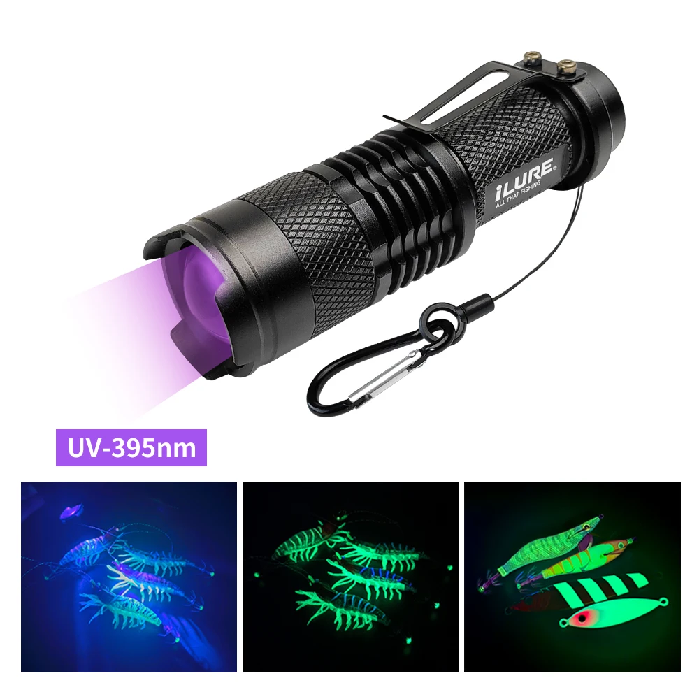 ILURE-linterna UV LED ultravioleta con zoom, Mini luces ultravioletas de 395nm, señuelo de pesca, plantillas de calamar, herramientas de luz de relleno
