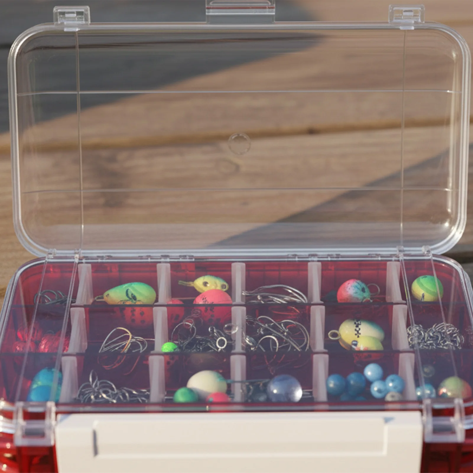 Caja de aparejos de pesca de doble capa, caja de almacenamiento Visual transparente con múltiples compartimentos para anzuelo de señuelo de pescado, cebo falso, engranajes de pesca