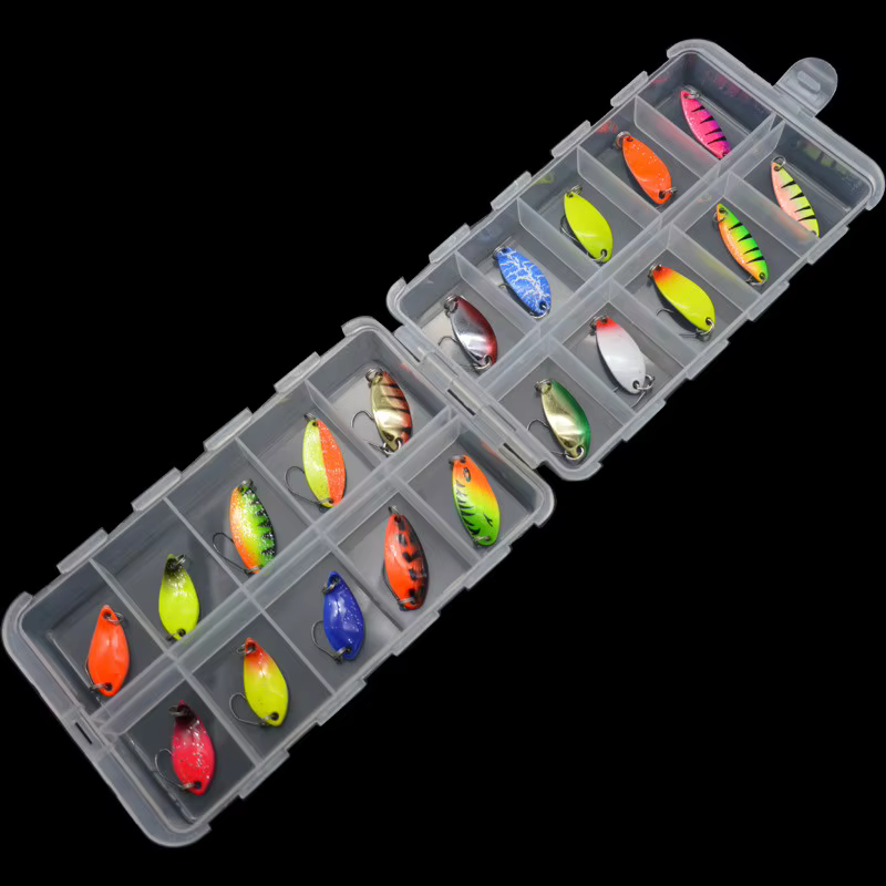 Señuelo de pesca de lentejuelas de Metal de 20 piezas con caja, cebos de cuchara, cebos artificiales de un solo gancho que se hunden en hielo de invierno de colores mezclados - imagen 5