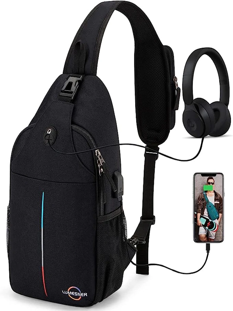 Lumesner-mochila cruzada con puerto de carga USB, bolso de hombro para senderismo, caminar y viajar - imagen 4