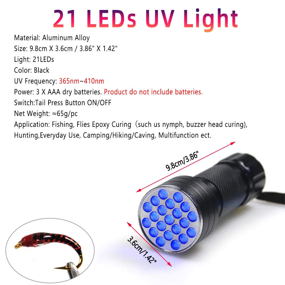 Bimoo 9 LED 21 LED atado de moscas curado UV moscas de pesca lámpara de resina forma de bolígrafo linterna UV luz UV multifunción de aluminio - imagen 4