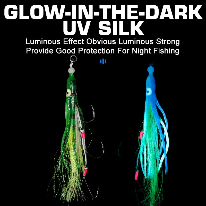 TEASER HK025 2 par/bolsa 6/0 8/0 anzuelo de Jigging UV luminoso brillo de goma agua salada Trolling Artificial Triple anzuelos de pesca de mar - imagen 5