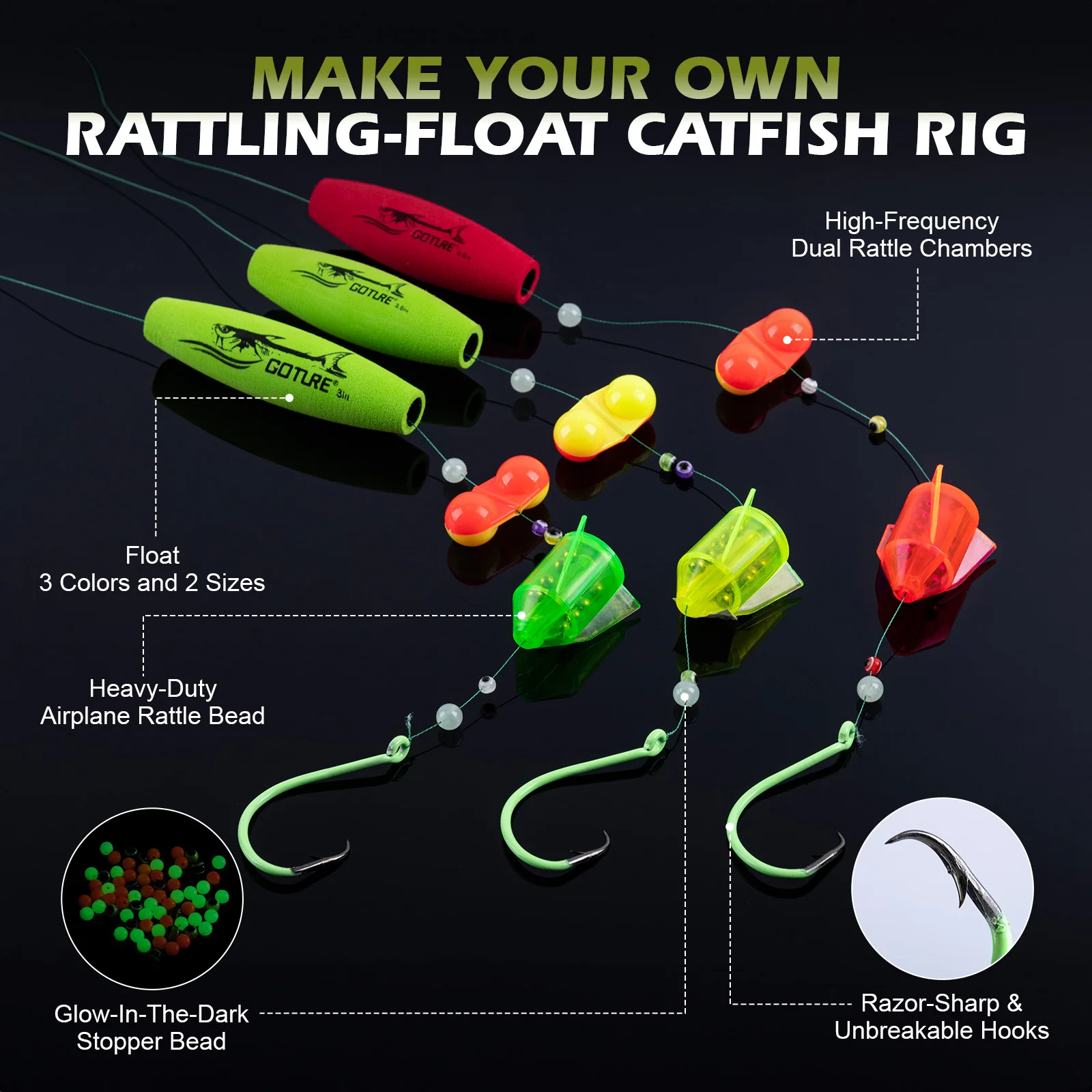 Goture Kit Pesca Bagre – Aparejos con Anzuelos Luminiscentes y Flotadores - imagen 5
