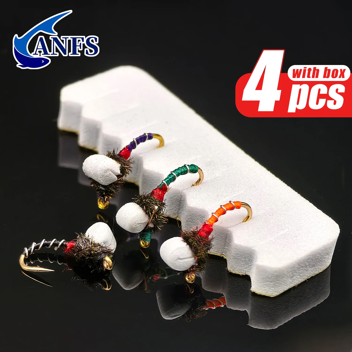 ANFS Buzzers con tirantes, moscas de trucha, paquete de 4 colores mezclados con caja para moscas, moscas de pesca