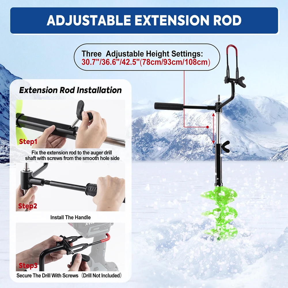 Goture-broca para taladro de hielo de alto rendimiento, 18cm de diámetro, 104cm de profundidad, con cuchara de hielo, bolso para pesca en invierno - imagen 5