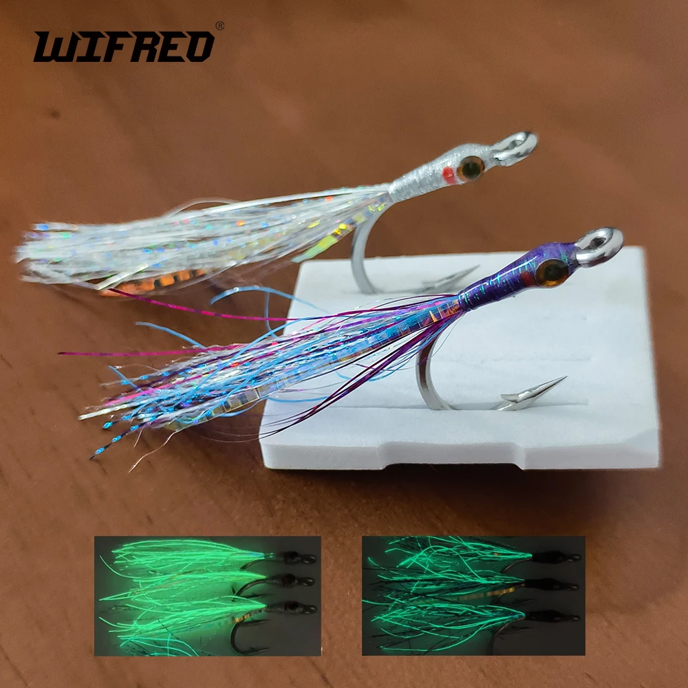 Wifreo 6 uds 4/0 anzuelo de acero inoxidable pesca con mosca pececillo señuelo cabeza epoxi ojos 3D luminoso Flash oropel Saltwaer Señuelos de pesca