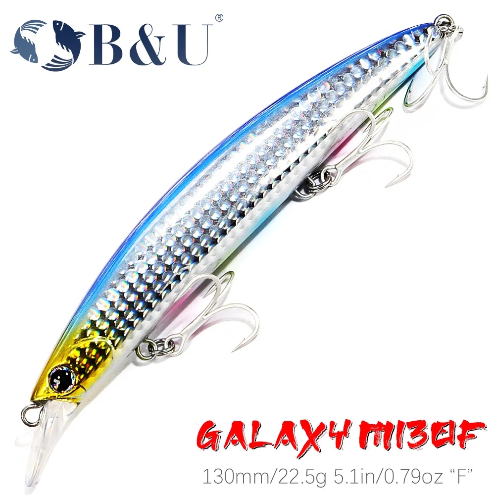 B & U 130mm Señuelos de Pesca de pececillo flotante cebo Artificial láser agua salada fundición larga Trolling Wobblers Jerkbait lubina