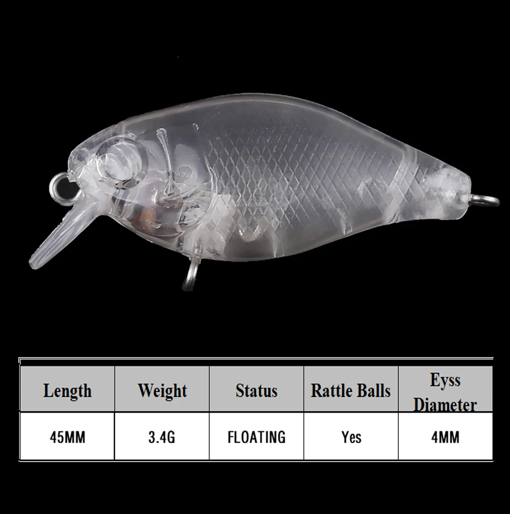 Chan'sHuang-cebos transparentes de 45mm y 3,4g, cascabeles flotantes, Mini Crankbait, aparejos de señuelo de pesca hechos a mano, sin pintar, 20 piezas - imagen 3