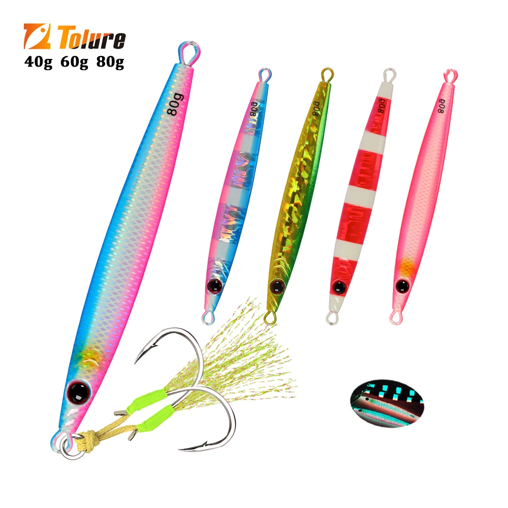 TOLU 2024 nuevo 40g/60g/80g hundimiento rápido señuelo de pesca Jigging recubrimiento de papel láser plantilla luminosa señuelo pesca en mar Trolling Jigging