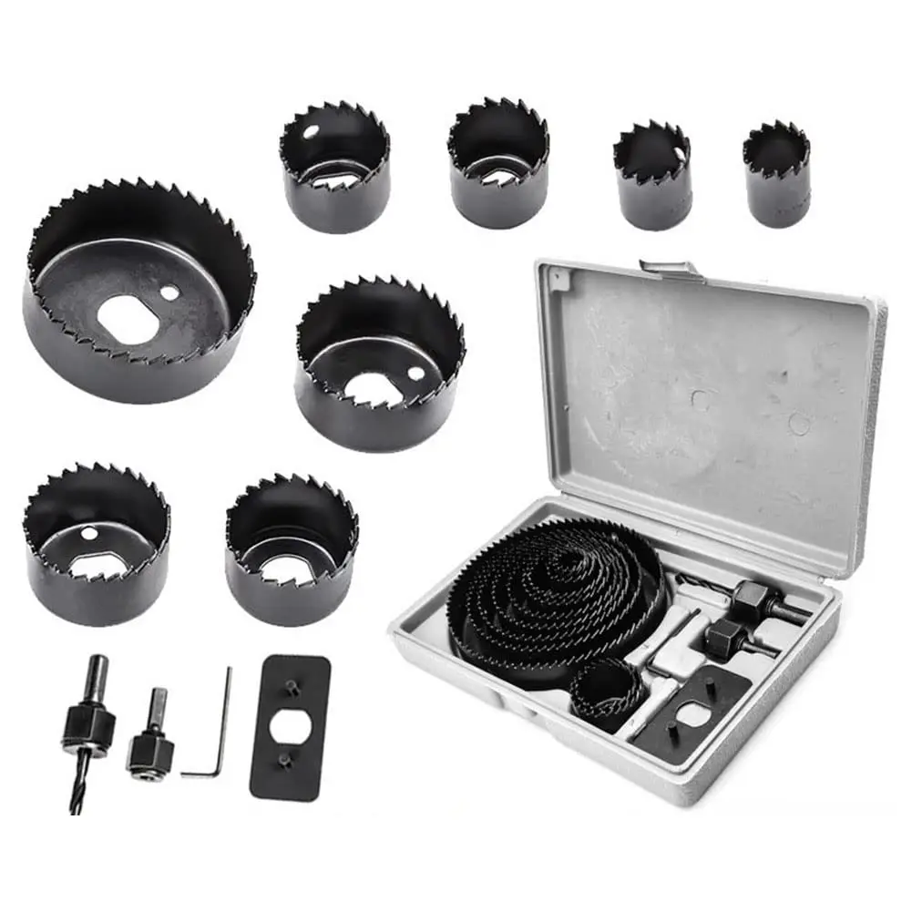 Kit de sierra perforadora de 16 piezas que incluyen hojas de sierra perforadora universales de 3/4 "-5" (19-127 mm) Mandriles Brocas Placa de instalación Llave hexagonal