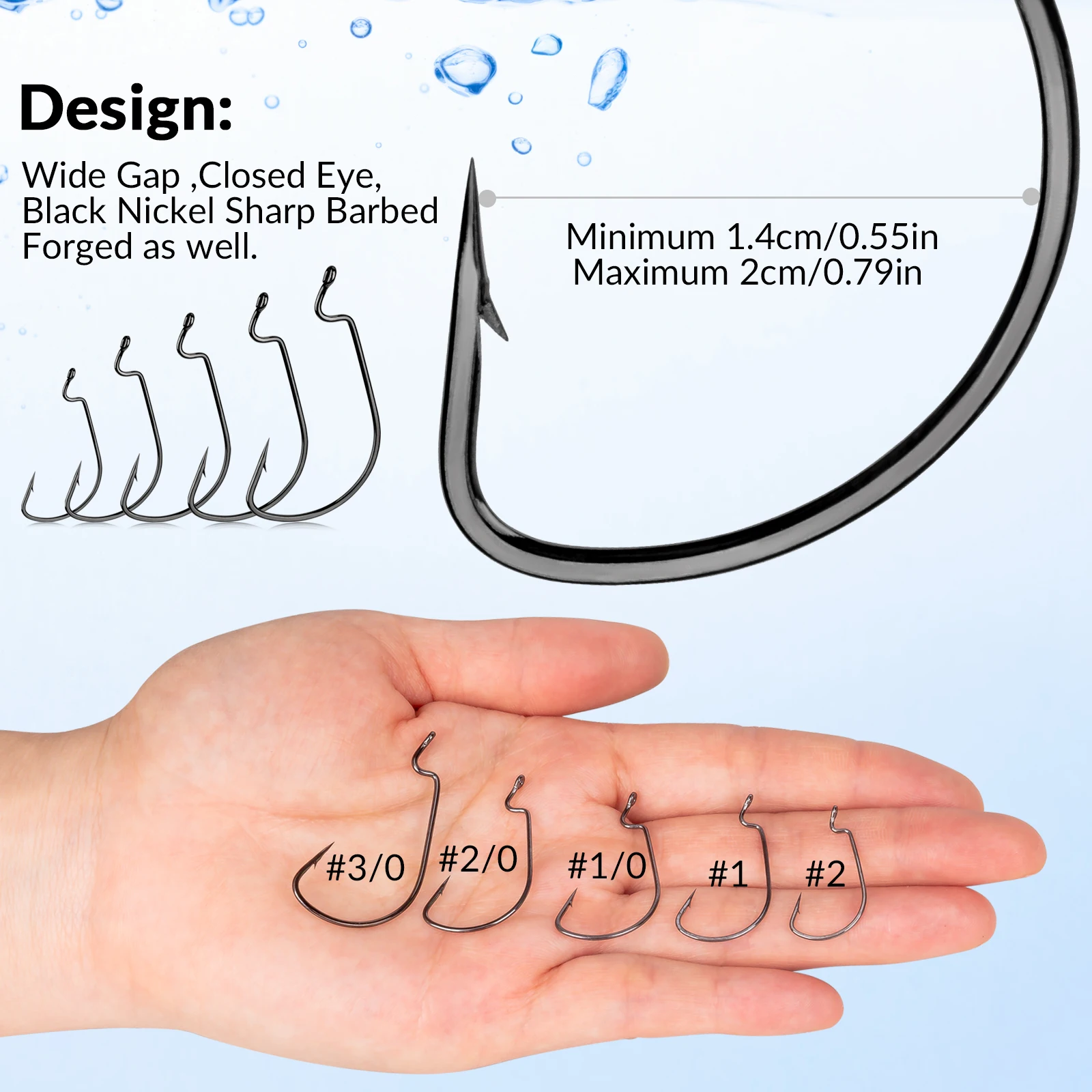 THKFISH 20 piezas anzuelos compensados de acero rico en carbono anzuelos de pesca de manivela ancha para señuelos blandos # 2- # Anzuelo de púas 3/0 para pesca de carpa - imagen 4