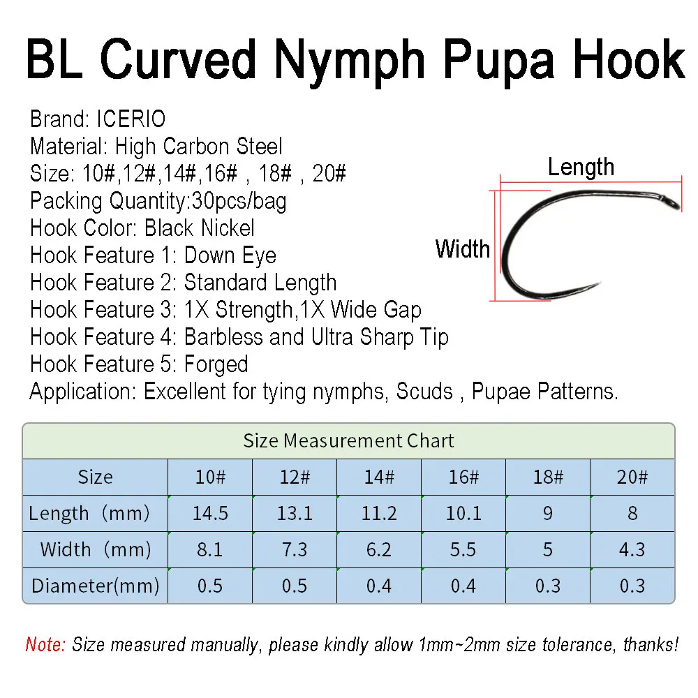 ICERIO-anzuelo curvo de acero con alto contenido de carbono para pescar trucha, perca, ninfas, Scuds, Pupa, para atar moscas, 10 # ~ 20 #, 30 unidades - imagen 3
