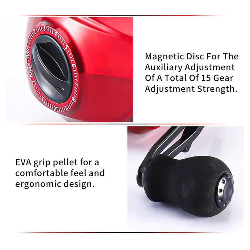 Un auto rojo con un disco magnético y un objeto negro con un botón rojo