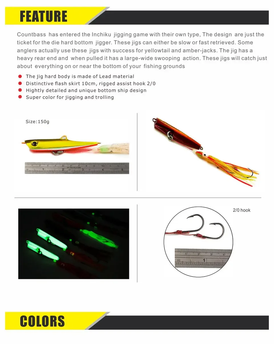Countbass 150g 5,3 oz Inchiku Jigs con anzuelo de asistencia de pulpo, Jigging de calamar, señuelo de pesca de pargo de barco inferior de agua salada - imagen 5