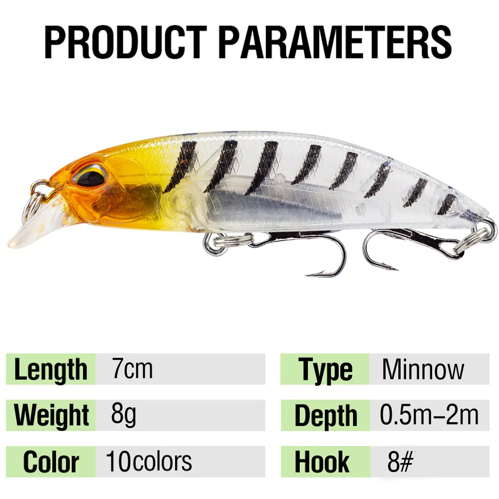 Señuelo de pesca Minnow de 7cm y 8g, cebo duro con ojos 3D # 8 anzuelos triples Crankbait Profundidad de fundición larga 0,5 m-2 m para trucha bajo - imagen 2