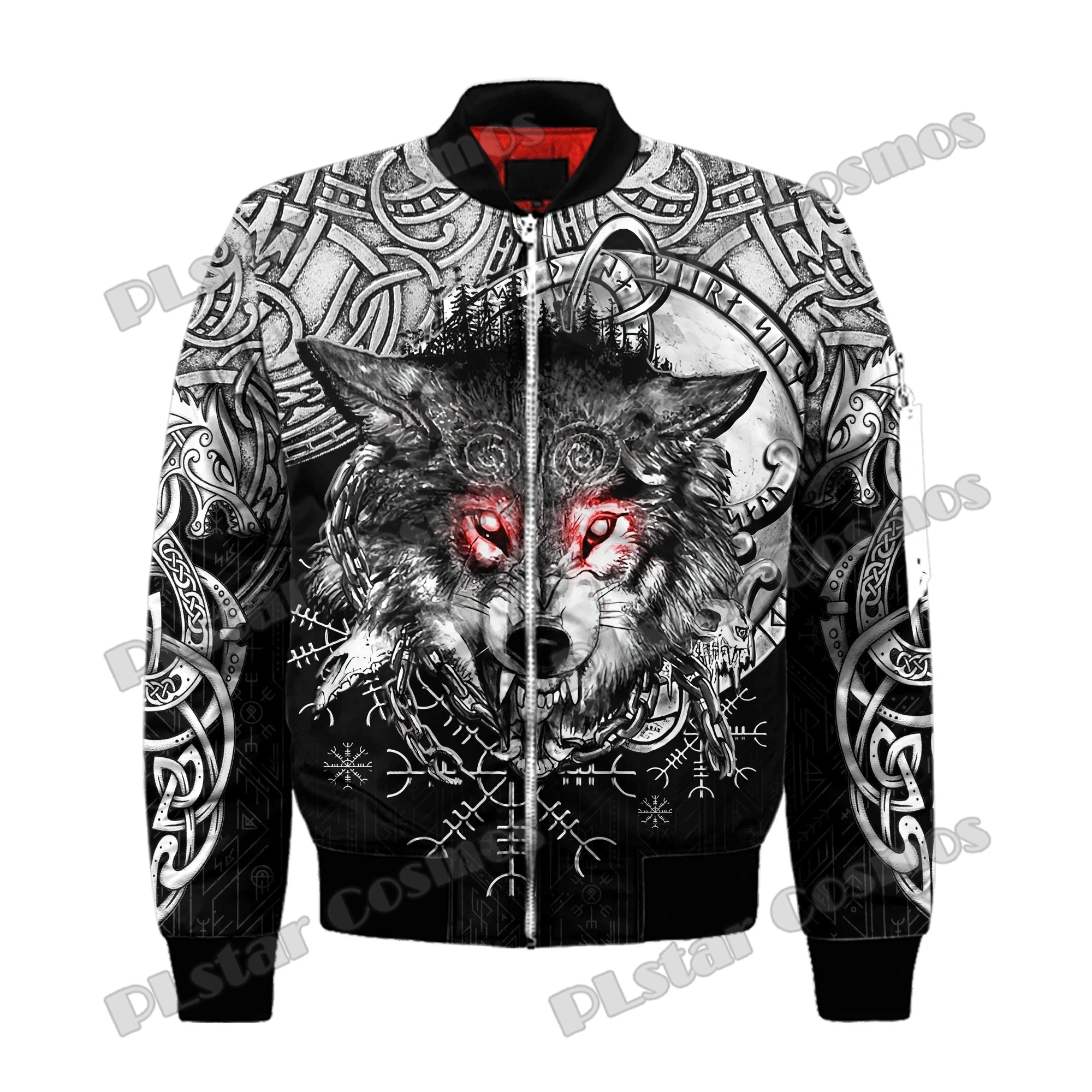 Chaqueta Bomber de invierno para hombre Muninn Raven Tattoo Vegvisir rojo estampado 3D bolsillo grueso abrigo con cremallera Unisex Casual chaqueta cálida con cremallera FX-07 - imagen 2