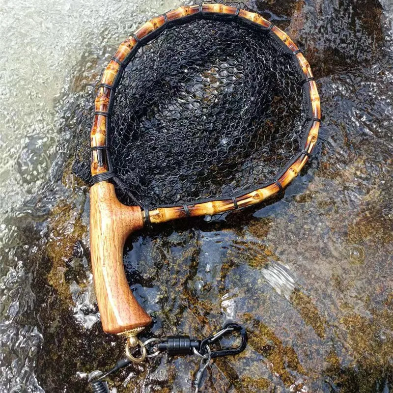 Salabardo pesca mosca – Mango madera, malla goma, liberación magnética