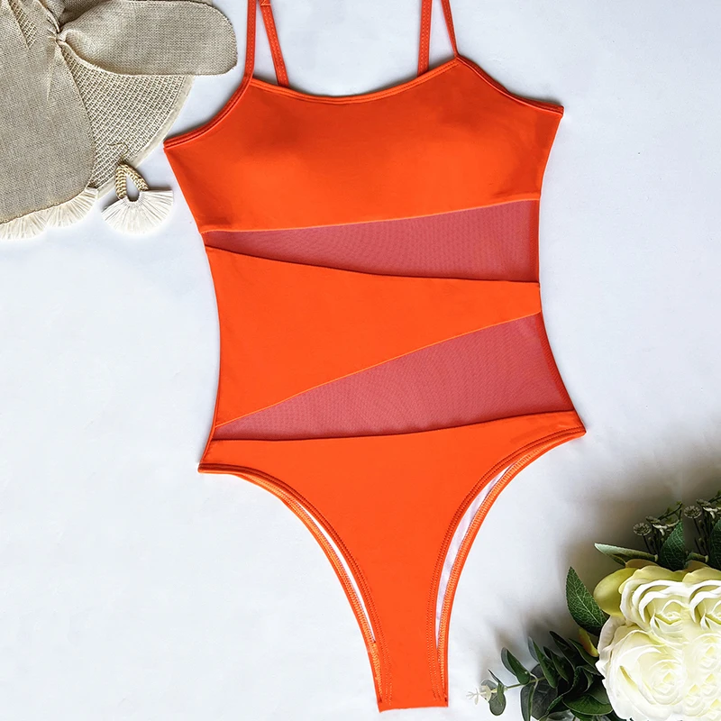 Bikini de cintura alta para mujer, traje de baño informal de una pieza con malla hueca, Color sólido, camisola Sexy, ropa de playa - imagen 5