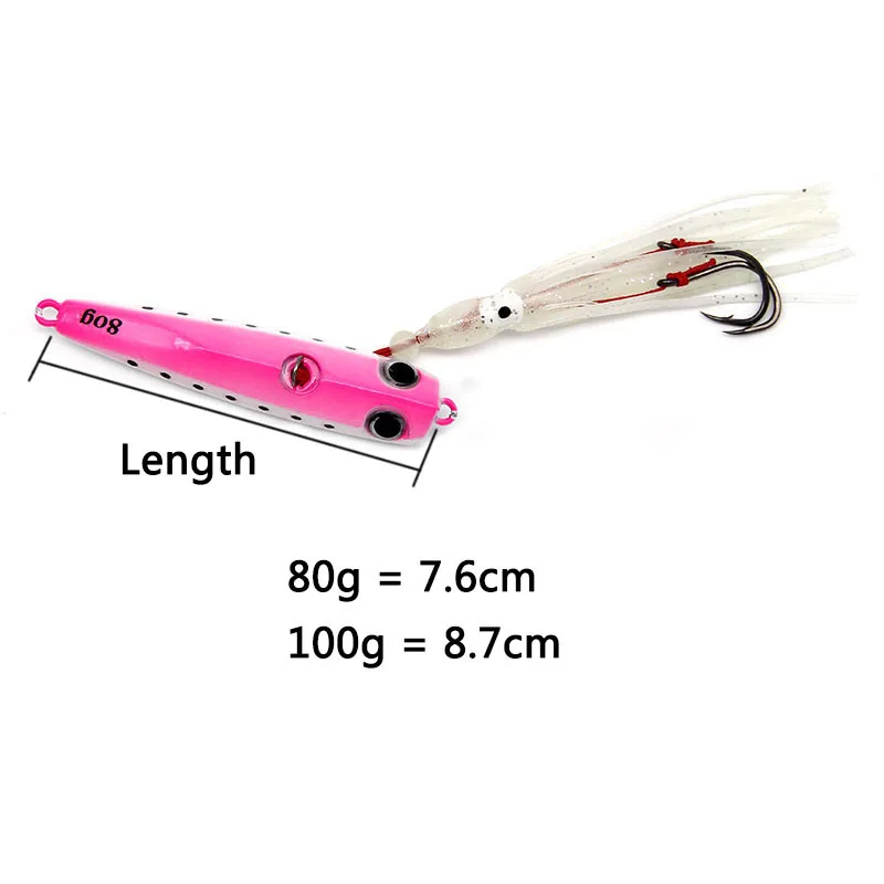 Plantilla de Metal de 60g, 80g, 100g, anzuelo de cebo de pulpo de agua salada, falda de calamar luminosa de silicona suave, señuelo, aparejos de pesca artificiales - imagen 3