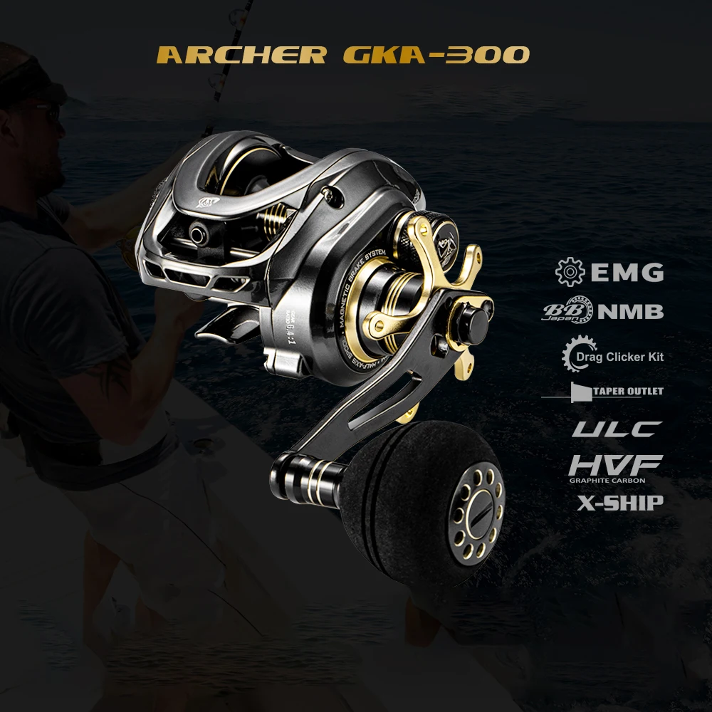 Carrete de pesca SOLOKING GKA300 Baitcasting, mango eléctrico para pesca en el mar, fuerza de arrastre de 9,5 KG, relación de engranaje 6,4, engranaje de latón, carrete de pesca profundo