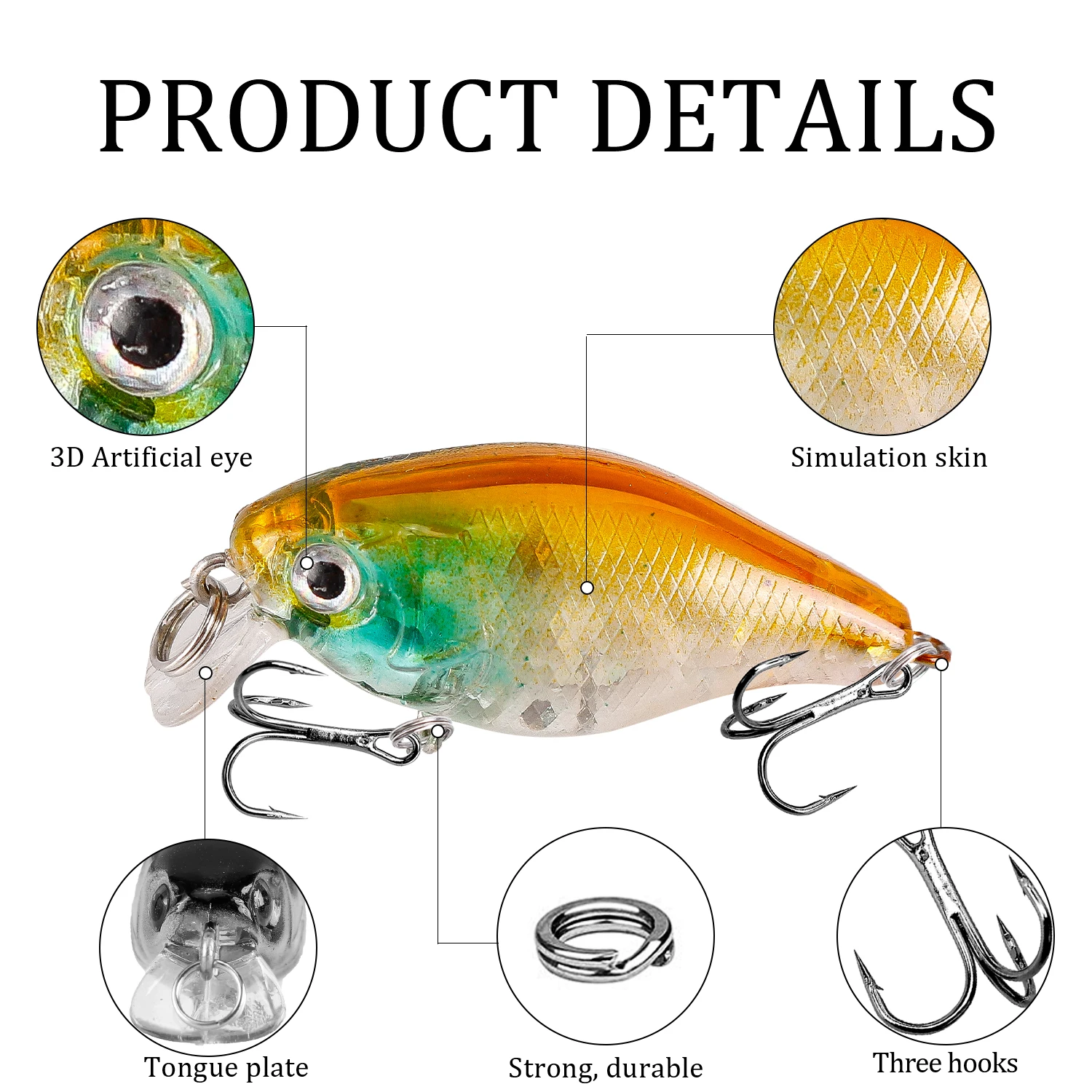 Experimente el mejor señuelo de pesca con su piel de simulación de ojos artificiales 3D, fuerte durabilidad y tres ganchos