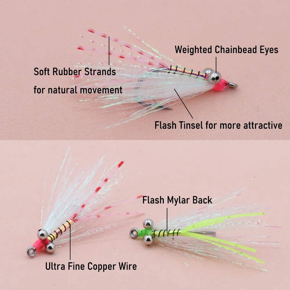 4PCS Chartreuse & Rose Crazy Charlie Fly Chainbead Eye # Señuelo de pesca con mosca de agua salada con 4 anzuelos de acero inoxidable para Tarpon Bonefish - imagen 4
