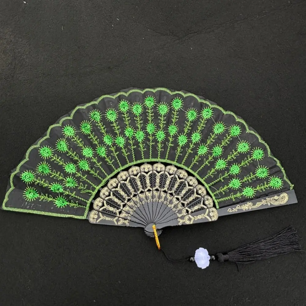 Abanico Plegable de Encaje con Mango Negro, Bordado con Lentejuelas, Longitud: Aproximadamente 35 cm, Abanico para Espectáculo de Cheongsam, 65 cm con Colgante - imagen 5