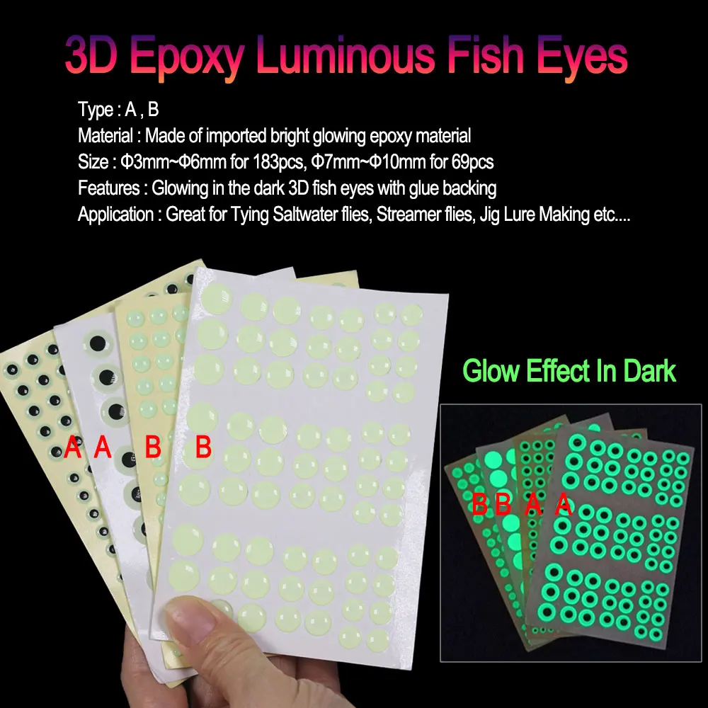 Bimoo 69 uds/183 Uds mezcla 3D ojos de pez brillantes nocturnos ojos de pez luminosos epoxi 3D para atar Streamer moscas de agua salada Jig Señuelos de Pesca - imagen 3