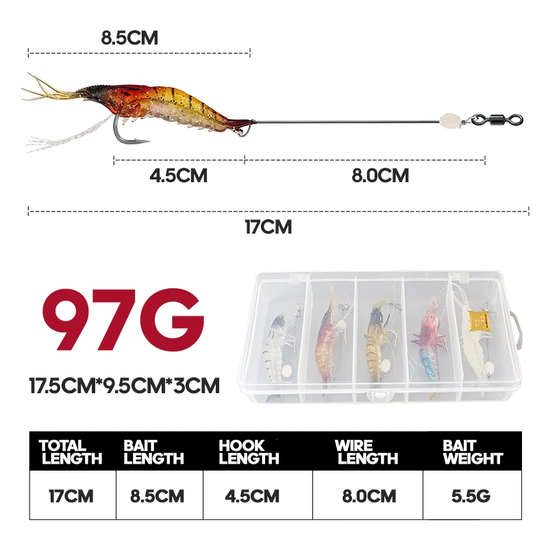 TAIYU 5 unid/set Kit de Señuelos de Pesca cebos blandos luminosos señuelo de camarón con gancho afilado cuenta para aparejos de pesca de agua dulce y salada - imagen 2