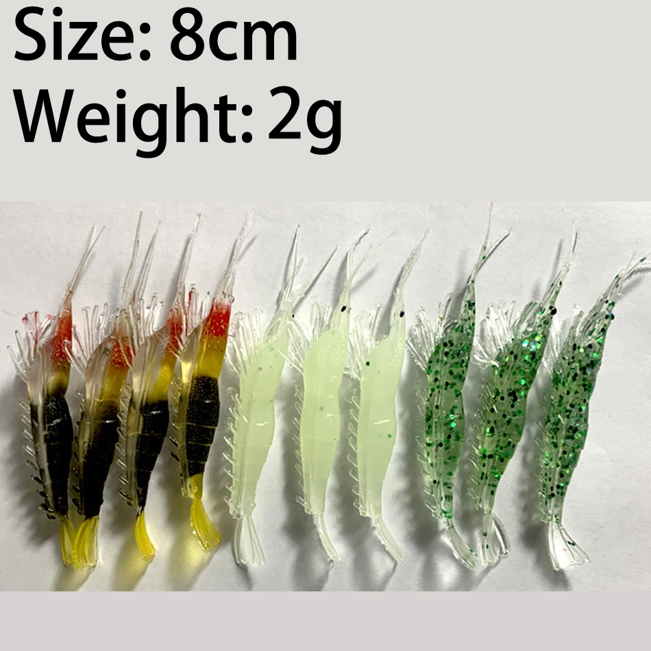 10 unids/lote 8cm 2g señuelo de pesca suave cebo de camarón señuelo de pesca cebo de camarón suave brillo luminoso señuelo de gambas - imagen 3