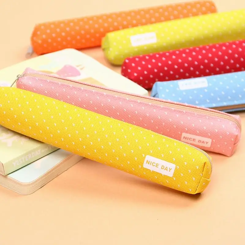 Estuches de lápices pequeños y frescos con cremallera de lona, moda de puntos Kawaii para mujeres, suministros escolares - imagen 5